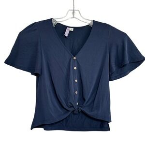Alya Button Front Top Women Navy Blue Flutter Sleeve Knot Hem Casual Soft Chic M